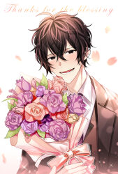 Rule 34 | 1boy, black hair, blush, bouquet, falling petals, flower, formal, given, highres, holding, holding bouquet, looking at viewer, male focus, messy hair, murata ugetsu, open mouth, petals, pinoli (pinoli66), portrait, purple flower, purple rose, red flower, red rose, rose, smile, solo, sparkle, suit, white background