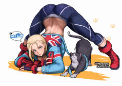 Rule 34 | 1girl, arched back, arm rest, ass, blonde hair, blue eyes, blue jacket, boots, cammy white, cat, combat boots, cropped jacket, fingerless gloves, flexible, gloves, hands on ground, hershuar, jack-o&#039; challenge, jacket, legs apart, pants, scar, scar on face, short hair, spread legs, street fighter, street fighter 6, stretching, tight clothes, tight pants, top-down bottom-up, union jack, wide spread legs