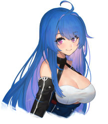 Rule 34 | 1girl, ahoge, alternate breast size, artnohearts, azur lane, bare shoulders, blue hair, blush, breasts, cleavage, closed mouth, clothing cutout, collarbone, elbow gloves, gloves, hair between eyes, halterneck, helena (azur lane), large breasts, long hair, looking at viewer, purple eyes, sidelocks, signature, simple background, smile, solo, underboob cutout, very long hair, white background