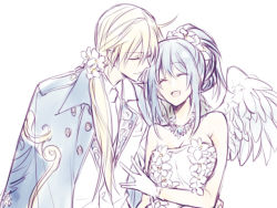 Rule 34 | 1boy, 1girl, angel wings, asymmetrical wings, bare shoulders, blonde hair, blue hair, breasts, cleavage, closed eyes, collar, couple, dizzy (guilty gear), dress, flower, formal, frills, gem, gloves, guilty gear, guilty gear xrd, hair between eyes, hair ornament, hair ribbon, hetero, holding person, husband and wife, jewelry, ky kiske, large breasts, long hair, looking at viewer, maka (morphine), open mouth, ponytail, ribbon, simple background, smile, suit, thigh strap, twintails, veil, wedding dress, white background, white collar, white dress, white gloves, wide sleeves, wings