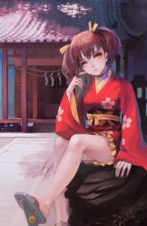 Rule 34 | 10s, 1girl, absurdres, architecture, blue ribbon, bow, breasts, brown hair, building, choker, collaboration, east asian architecture, floral print, fuwaffy, geta, hair ribbon, head tilt, highres, huge filesize, japanese clothes, kimono, koutetsujou no kabaneri, legs, lips, long sleeves, looking at viewer, mumei (kabaneri), obi, orange bow, outdoors, red eyes, ribbon, ribbon choker, sash, shide, short hair, short twintails, sitting, solo, tengu-geta, tetsu (aurvandil), twintails, wide sleeves