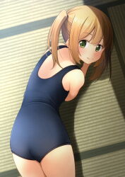 Rule 34 | 1girl, ass, blue one-piece swimsuit, brown hair, cowboy shot, green eyes, highres, looking at viewer, looking back, lying, old school swimsuit, on stomach, one-piece swimsuit, original, school swimsuit, shibacha, short hair, smile, solo, swimsuit, tatami, twintails