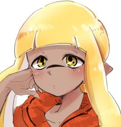 Rule 34 | 1girl, blunt bangs, blush, closed mouth, commentary request, dark-skinned female, dark skin, hand in own hair, inkling, inkling girl, inkling player character, life vest, light frown, long hair, looking at viewer, nintendo, noshiro (svnxyg), orange shirt, pointy ears, portrait, shirt, simple background, solo, splatoon (series), splatoon 1, symbol-shaped pupils, tentacle hair, white background, yellow eyes