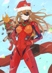 Rule 34 | 1girl, blue eyes, breasts, brown hair, christmas, commentary request, eva 02, evangelion: 3.0 you can (not) redo, eyepatch, fadingz, hair between eyes, hands on own hips, hat, highres, long hair, looking at viewer, mecha, medium breasts, merry christmas, neon genesis evangelion, pixiv id, plugsuit, rebuild of evangelion, red hat, revision, robot, santa hat, signature, solo, souryuu asuka langley, standing