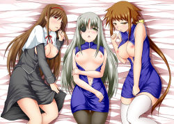 Rule 34 | 00s, 3girls, arm grab, bed, blush, breasts, brown eyes, brown hair, capelet, cinque (nanoha), covering privates, covering crotch, deed (nanoha), dieci (nanoha), dress, embarrassed, eyepatch, flat chest, from above, green eyes, hairband, large breasts, long hair, lying, lyrical nanoha, mahou shoujo lyrical nanoha, mahou shoujo lyrical nanoha strikers, multiple girls, navel, nipples, numbers (nanoha), on back, open clothes, open mouth, open skirt, pantyhose, ponytail, red eyes, sakura yuu, short dress, silver hair, skirt, sleeveless, thigh gap, thighhighs, thighs, turtleneck, very long hair, white thighhighs, zettai ryouiki