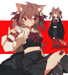 Rule 34 | 1girl, ahoge, animal ears, black cardigan, black shirt, black skirt, black socks, bow, bowtie, brown hair, cardigan, cat ears, cat tail, closed mouth, collared shirt, cropped shirt, crossed legs, cup, disposable cup, evil neuro-sama, hair ornament, hand up, highres, holding, holding cup, indie virtual youtuber, long hair, multiple views, neuro-sama, pasharuu, red bow, red bowtie, red eyes, shirt, skirt, skull hair ornament, socks, tail, virtual youtuber, white shirt