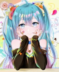 Rule 34 | 1girl, 39, abstract background, ahoge, alternate costume, aqua hair, bandaid, bandaid on face, bare shoulders, black sweater, blue bow, blue choker, blue eyes, blush, bow, bow choker, character name, choker, closed mouth, crescent moon, daisy, earrings, eighth note, flower, gradient hair, hair flower, hair ornament, hands on own cheeks, hands on own face, hands up, hatsune miku, heart, heart in eye, heart necklace, heart of string, heart on chest, highres, jewelry, long hair, long sleeves, looking at viewer, moon, multicolored hair, musical note, necklace, number tattoo, off-shoulder, off-shoulder sweater, off shoulder, osage (8545675), pendant, petals, pink hair, polka dot, rose, shoulder tattoo, sleeves past wrists, smile, solo, string, string of fate, sweater, symbol in eye, tattoo, twintails, upper body, vocaloid