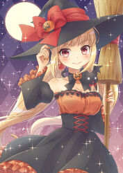 Rule 34 | 1girl, animal, animal on shoulder, argyle, argyle background, argyle clothes, blonde hair, blush, bow, breasts, brooch, broom, cat, choker, cleavage, corset, dangle earrings, detached sleeves, dress, earrings, frilled dress, frilled sleeves, frills, full moon, hair ornament, halloween, hat, hat bow, hat ribbon, holding, holding broom, ibuki ena, jack-o&#039;-lantern, jack-o&#039;-lantern hat ornament, jewelry, long hair, long sleeves, looking at viewer, low twintails, medium breasts, moon, nail polish, original, red eyes, ribbon, ribbon choker, smile, solo, sparkle, twintails, very long hair, witch, witch hat