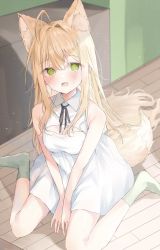 Rule 34 | 1girl, @ @, ahoge, animal ear fluff, animal ears, bare shoulders, between legs, blonde hair, blush, breasts, check commentary, commentary request, day, dress, fang, floor, fox ears, fox tail, from above, green socks, hair between eyes, hair intakes, hand between legs, highres, light particles, long hair, looking at viewer, medium breasts, no shoes, original, riri (ri0177), sitting, skin fang, sleeveless, sleeveless dress, socks, solo, sunlight, tail, teardrop, very long hair, wariza, white dress