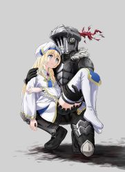Rule 34 | 10s, 1boy, 1girl, armor, bad id, bad twitter id, black gloves, blonde hair, bloomers, blue eyes, blush, boots, carrying, closed mouth, dress, frills, full body, gloves, goblin slayer, goblin slayer!, hat, helmet, highres, knight, long hair, long sleeves, priestess (goblin slayer!), princess carry, squatting, thigh boots, thighhighs, to gemichi, underwear, wide sleeves