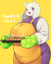 Rule 34 | 1girl, apron, artist request, copyright name, english text, food, furry, furry female, goat, pie, purple eyes, solo, toriel, tray, undertale