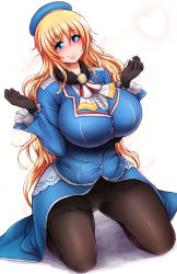 Rule 34 | 10s, 1girl, atago (kancolle), black gloves, blonde hair, blue eyes, blush, breasts, female focus, forearms at chest, gloves, green eyes, hat, heart, highres, huge breasts, kantai collection, kneeling, long hair, looking at viewer, military, military uniform, panties, panties under pantyhose, pantyhose, plump, ponponmaru, ponpoppo, smile, solo, underwear, uniform