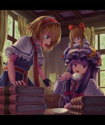 Rule 34 | 2girls, alice margatroid, arguing, bad id, bad pixiv id, blonde hair, blue dress, blue ribbon, book, capelet, ceiling, commentary, crescent, crescent pin, cup, curtains, desk, doll, doll on head, drawer, dress, green eyes, hairband, hand on table, hat, hat ribbon, highres, holding, holding cup, indoors, letterboxed, long hair, looking down, mob cap, multiple girls, neck ribbon, notes, ookashippo, open hand, open mouth, pajamas, patchouli knowledge, purple eyes, purple hair, purple pajamas, red ribbon, ribbon, shanghai doll, short hair, sidelocks, sitting, standing, table, teacup, touhou, wall, window
