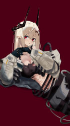 Rule 34 | 1girl, absurdres, arknights, bare shoulders, belt, black gloves, blonde hair, blush, breasts, cleavage, closed mouth, collar, collarbone, earrings, elite ii (arknights), enne kl, gloves, hair between eyes, hair ornament, highres, horns, infection monitor (arknights), jewelry, large breasts, looking at viewer, lying, material growth, mudrock (arknights), mudrock (elite ii) (arknights), navel, on side, open clothes, oripathy lesion (arknights), own hands together, pointy ears, red eyes, solo, sports bra