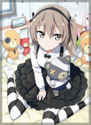 Rule 34 | 10s, 1girl, ayuya naka no hito, boko (girls und panzer), brown eyes, brown hair, girls und panzer, highres, long hair, looking at viewer, picture frame, shimada arisu, side ponytail, sitting, solo, striped clothes, striped thighhighs, stuffed animal, stuffed toy, teddy bear, thighhighs, wariza