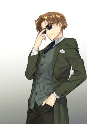 Rule 34 | 1boy, absurdres, adjusting eyewear, black pants, brown hair, closed mouth, cowboy shot, fate/grand order, fate (series), green jacket, grey background, hair intakes, hand in pocket, highres, ikezawa shin, jacket, koha-ace, male focus, maxwell&#039;s demon (fate), pants, pinstripe pattern, simple background, solo, striped, sunglasses