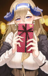 Rule 34 | 1girl, alternate costume, arknights, blonde hair, blue eyes, blue hairband, blurry, blush, bokeh, breasts, casual, depth of field, dragon horns, earrings, gift, gino (gino h), hair between eyes, hairband, heart, highres, holding, holding gift, horns, jewelry, large breasts, long hair, long sleeves, looking at viewer, pointy ears, saileach (arknights), solo, upper body, valentine, watch, wristwatch