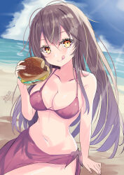 absurdres akagi_(kancolle) beach bikini black_hair blue_sky breasts burger cloud commentary_request day eating food highres hizaka horizon kantai_collection large_breasts long_hair ocean one-hour_drawing_challenge orange_eyes outdoors red_bikini red_sarong sarong sitting sky swimsuit tongue tongue_out yokozuwari