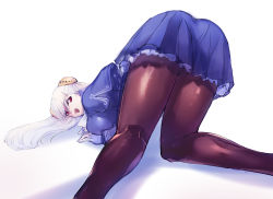 Rule 34 | 1girl, :d, blue dress, brown pantyhose, capcom fighting jam, capelet, dress, from behind, gloves, hairpods, highres, ingrid (capcom), kneepits, long sleeves, looking at viewer, negresco, open mouth, pantyhose, red eyes, road, silver hair, smile, solo, street, teeth, tsurime, uniform, white gloves