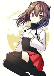 Rule 34 | 1girl, 8931ponzu, artist name, bike shorts, black footwear, black headband, black thighhighs, breasts, brown hair, closed mouth, expressionless, hair between eyes, headband, kantai collection, long sleeves, looking at viewer, medium hair, miniskirt, pleated skirt, red skirt, shorts, shorts under skirt, skirt, small breasts, solo, taihou (kancolle), thighhighs, white background, yellow eyes, zettai ryouiki