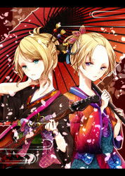 Rule 34 | 1boy, 1girl, androgynous, bad id, bad pixiv id, blonde hair, brother and sister, guitar, hair ornament, instrument, japanese clothes, kagamine len, kagamine rin, n (nico ed), oil-paper umbrella, pheonix moon (module), project diva (series), project diva f, purple eyes, sakura moon (module), siblings, tengaku (vocaloid), twins, umbrella, vocaloid