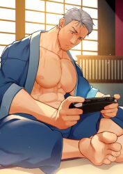 Rule 34 | 1boy, abs, bara, blue pants, closed mouth, facial hair, grey hair, handheld game console, hidora art, highres, holding, indian style, large pectorals, maimoto keisuke, maimoto keisuke (1st costume), male focus, muscular, muscular male, nipples, open clothes, original, pants, pectorals, playing games, playstation portable, short hair, sitting, solo, stubble, virtual youtuber