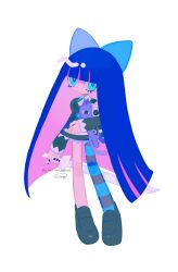 Rule 34 | asymmetrical legwear, blue eyes, blue hair, bow, colored inner hair, expressionless, gothic lolita, hair bow, highres, holding, holding sword, holding weapon, htn nm, lolita fashion, looking at viewer, mismatched legwear, multicolored hair, neon palette, panty &amp; stocking with garterbelt, pastel colors, stocking (psg), striped clothes, striped thighhighs, stuffed animal, stuffed cat, stuffed toy, sword, thighhighs, two-tone hair, weapon, white background