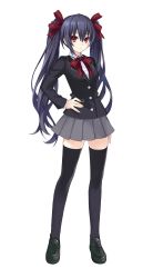 Rule 34 | 10s, 1girl, absurdres, alternate costume, black hair, black thighhighs, blazer, bow, breasts, female focus, full body, hair bow, hand on own hip, highres, jacket, loafers, long hair, neptune (series), noire (neptunia), official art, pleated skirt, red eyes, school uniform, shoes, simple background, skirt, small breasts, solo, thighhighs, tsunako, twintails, very long hair, white background, zettai ryouiki