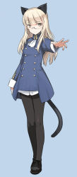 Rule 34 | 1girl, animal ears, black pantyhose, blonde hair, cat ears, cat tail, glasses, loafers, long hair, looking at viewer, military, military uniform, aged up, pantyhose, perrine h. clostermann, rimless eyewear, shimada fumikane, shoes, solo, strike witches, tail, uniform, world witches series, yellow eyes