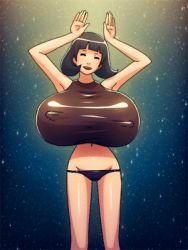 Rule 34 | 1girl, ^ ^, animated, animated gif, black hair, bouncing breasts, breasts, caramelldansen, closed eyes, covered erect nipples, closed eyes, gigantic breasts, impossible clothes, impossible shirt, lowres, mike inel, panties, shirt, solo, star (symbol), underwear