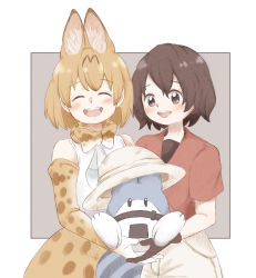 Rule 34 | 0nanaten, 2girls, absurdres, animal ears, bare shoulders, beige shorts, black gloves, blonde hair, blush, bow, bowtie, commentary request, cowboy shot, elbow gloves, extra ears, closed eyes, gloves, hat feather, helmet, high-waist skirt, highres, holding person, kaban (kemono friends), kemono friends, lucky beast (kemono friends), multiple girls, open mouth, pith helmet, print gloves, print neckwear, print skirt, red shirt, serval (kemono friends), serval print, shirt, short hair, skirt, sleeveless, smile, t-shirt, traditional bowtie, white shirt, yellow eyes