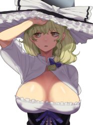 Rule 34 | 1girl, bags under eyes, black hat, blonde hair, bow, braid, breasts, brown eyes, cleavage, cleavage cutout, clothing cutout, cookie (touhou), corset, covered erect nipples, frilled hat, frilled shirt, frills, hair between eyes, hair bow, hat, highres, koiso usu, large breasts, long hair, mars (cookie), puffy short sleeves, puffy sleeves, shirt, short sleeves, side braid, simple background, single braid, solo, sweat, sweatdrop, upper body, white background, white shirt, witch hat
