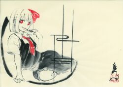 Rule 34 | 1girl, arm support, ascot, black skirt, bob cut, bow, collared shirt, commentary request, greyscale, hair bow, highres, ink (medium), ink wash painting, looking at viewer, monochrome, red ascot, red bow, red eyes, rumia, shirt, short hair, short sleeves, sitting, skirt, spot color, takaharuti, touhou, traditional media, vest, yokozuwari