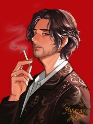 Rule 34 | 1boy, beard, black hair, brown eyes, brown hair, brown jacket, cigarette, collared shirt, commentary, dark-skinned male, dark skin, english commentary, facial hair, from side, hand up, highres, holding, holding cigarette, jacket, lips, long sleeves, looking at viewer, looking to the side, luis sera, male focus, mature male, parted bangs, ranma88hita, red background, resident evil, resident evil 4, resident evil 4 (remake), shirt, short hair, signature, simple background, smoke, smoking, solo, teeth, upper body, white shirt