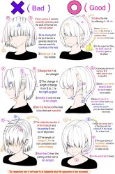 Rule 34 | 1girl, commentary, english commentary, english text, guide, hair over one eye, highres, how to, multiple views, original, short hair, simple background, upper body, white background, white hair, yoshimura takuya