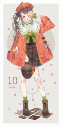 Rule 34 | 1girl, :p, absurdres, bad id, bad pixiv id, bag, black dress, black hair, blush, boots, bow, bowtie, calendar (medium), candy, candy cane, coat, commentary request, covering one eye, dress, facial scar, flower, food, frilled shirt collar, frills, full body, green neckwear, green socks, grey background, halloween, hat, highres, holding, holding bag, holding candy, holding food, holding lollipop, jacket, jacket on shoulders, lollipop, long hair, long sleeves, looking at viewer, neck ribbon, october, original, piercing, plaid, plaid dress, red coat, red hat, ribbon, scar, scar on cheek, scar on face, shiraho (color-56), side ponytail, sidelocks, silk, socks, solo, spider web, standing, tongue, tongue out, tongue piercing, wavy hair, wing hair ornament