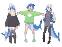Rule 34 | 1girl, absurdres, azuumori, beanie, black footwear, black pantyhose, blue hair, boots, closed eyes, covered mouth, fins, fish tail, green footwear, green sweater, grey pantyhose, grey shirt, hands in pockets, hat, highres, long sleeves, mako (azuumori), mittens, multicolored hair, multiple views, open mouth, original, pantyhose, red eyes, scarf, shark fin, shark girl, shark tail, sharp teeth, shirt, simple background, slippers, smile, socks, sweater, tail, teeth, white background, winter clothes