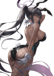 Rule 34 | 1girl, :/, animal ears, arched back, arm up, ass, backless leotard, bare arms, bare back, bare shoulders, black hair, black leotard, blue archive, blush, breasts, closed mouth, collar, cowboy shot, dark-skinned female, dark skin, detached collar, dutch angle, fake animal ears, fake tail, fishnet pantyhose, fishnets, floating hair, from side, gloves, gradient hair, hair between eyes, halo, hand on own ass, highleg, highleg leotard, highres, karin (blue archive), karin (bunny) (blue archive), large breasts, leotard, lkeris, long hair, looking to the side, median furrow, multicolored hair, official alternate costume, pantyhose, playboy bunny, ponytail, purple hair, rabbit ears, rabbit tail, shoulder blades, side-tie leotard, sideboob, sidelocks, simple background, strapless, strapless leotard, tail, thighs, very long hair, white background, white collar, white gloves, white wrist cuffs, wrist cuffs, yellow eyes