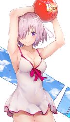 Rule 34 | 1girl, absurdres, armpits, arms up, ball, bare shoulders, beachball, bird, black cola, blue sky, blush, breasts, cleavage, closed mouth, cloud, collarbone, commentary request, covered navel, day, dress, dress swimsuit, fate/grand order, fate (series), hair over one eye, heart, heart-shaped pupils, highres, holding, holding ball, large breasts, looking at viewer, mash kyrielight, mash kyrielight (swimsuit of perpetual summer), official alternate costume, purple eyes, purple hair, short hair, sky, smile, solo, symbol-shaped pupils, white background, white dress