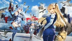 Rule 34 | 3girls, :d, ahoge, arm up, artist request, ass, azur lane, bird, black panties, blonde hair, blue hair, blue sky, blue thighhighs, blurry, blurry foreground, breasts, cleavage, cleveland (azur lane), cleveland (gentry knight) (azur lane), day, depth of field, dog, dress, dutch angle, epaulettes, from behind, garter straps, glint, gloves, hair ribbon, hand in pocket, helena (azur lane), large breasts, lighthouse, looking at viewer, looking back, medium breasts, midriff, multiple girls, navel, non-web source, official art, one side up, open mouth, panties, ponytail, red eyes, red hair, ribbon, rigging, shirt, short dress, siqi (miharuu), skirt, sky, smile, standing, standing on one leg, taut clothes, taut shirt, thighhighs, underwear, white gloves, white legwear, wichita (azur lane)