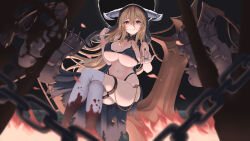 Rule 34 | 1girl, absurdres, alternate costume, azur lane, black bra, black nails, blonde hair, blood, blood on clothes, bra, breasts, chain, covered erect nipples, dark persona, fire, hair between eyes, highres, horns, huge breasts, implacable (azur lane), inverted pentagram, nail polish, navel, red eyes, rigging, rizzy, sitting, skindentation, smile, solo, thighhighs, underwear, white horns, white thighhighs