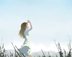 Rule 34 | 1girl, blonde hair, day, dress, expressionless, grass, keisan, looking up, mountain, shading eyes, sky, solo