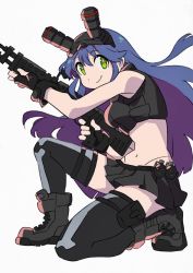 Rule 34 | 1girl, arai hiroki, blue hair, boots, combat boots, explosive, fingerless gloves, frag, gloves, green eyes, grenade, gun, highres, holding, holding gun, holding weapon, long hair, midriff, miniskirt, muzzle (trigger), night-vision device, on one knee, pleated skirt, pouch, skirt, solo, thighhighs, trigger (company), weapon, white background