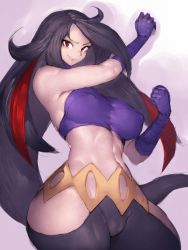 Rule 34 | 1girl, bare shoulders, black hair, breasts, cameltoe, covered erect nipples, creatures (company), curvy, frontier brain, fumio (rsqkr), game freak, gloves, highres, large breasts, long hair, looking at viewer, lucy (pokemon), multicolored hair, nintendo, pink background, poke ball, poke ball (basic), pokemon, pokemon emerald, pokemon rse, red eyes, red hair, simple background, smile, solo, thick thighs, thighs, two-tone hair, very long hair