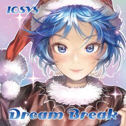 Rule 34 | 1girl, album cover, black dress, blue eyes, blue hair, book, circle name, close-up, cover, doremy sweet, dress, english text, fur collar, game cg, hat, iosys, matsuda (matsukichi), nightcap, official art, pom pom (clothes), red hat, short hair, smile, solo, sparkle background, touhou, touhou cannonball, upper body, very short hair