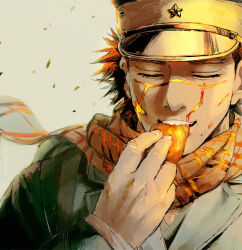 Rule 34 | 1boy, black hair, closed eyes, eating, facing viewer, golden kamuy, hat, imperial japanese army, kepi, male focus, military hat, nekosoul, scar, scarf, solo, sugimoto saichi, upper body, yellow scarf