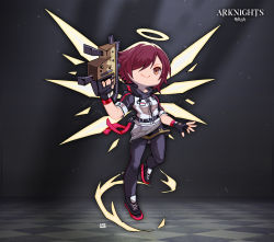 Rule 34 | 1girl, arknights, black footwear, black pants, closed mouth, exusiai (arknights), full body, gun, hair over one eye, halo, holding, holding gun, holding weapon, jacket, kriss vector, lataedelan, pants, red eyes, red hair, shoes, short hair, sleeves rolled up, smile, sneakers, solo, submachine gun, weapon, wings