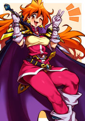 Rule 34 | 1girl, absurdres, belt, black belt, blue gemstone, blush, boots, bracelet, breasts, cape, commentary request, fang, feet out of frame, gem, gloves, grey footwear, grey gloves, hair between eyes, highres, holding, holding sword, holding weapon, jewelry, lina inverse, long hair, looking at viewer, medium bangs, nikuatsu magician shinbo, notice lines, one eye closed, open mouth, orange background, orange eyes, orange hair, pants, purple cape, red brooch, red gemstone, red pants, red shirt, shirt, slayers, small breasts, smile, solo, sword, two-tone background, very long hair, weapon, white background