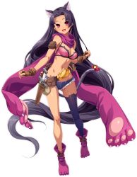 Rule 34 | absurdly long hair, animal ear fluff, animal ears, animal hands, bell, belt, bikini, bikini top only, black hair, black thighhighs, breasts, brown gloves, cat ears, cat paws, cat tail, cleavage, cutoffs, dagger, denim, denim shorts, fingerless gloves, full body, gloves, gluteal fold, hikage eiji, jingle bell, knife, koihime musou, legs, long hair, navel, official art, open mouth, paw shoes, pink bikini, pink footwear, pouch, purple scarf, red eyes, ribbon, scarf, sheath, sheathed, shoes, short shorts, shorts, shuutai, single thighhigh, smile, solo, swimsuit, tail, tail ornament, tail ribbon, thighhighs, thighs, transparent background, very long hair, weapon