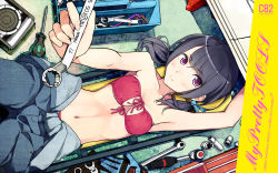 Rule 34 | 1girl, arm up, armpits, ayase (ayasegiken), bare shoulders, black hair, breasts, car, cleavage, collarbone, front-tie top, highres, jumpsuit, light smile, long hair, looking at viewer, lying, mechanic, motor vehicle, navel, on back, original, purple eyes, solo, toolbox, twintails, vehicle, wrench